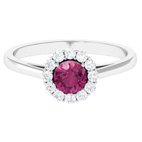 Pink tourmaline and diamond floating halo engagement ring by Rosec Jewels, showcasing a 0.75 CT center stone with elegant design.