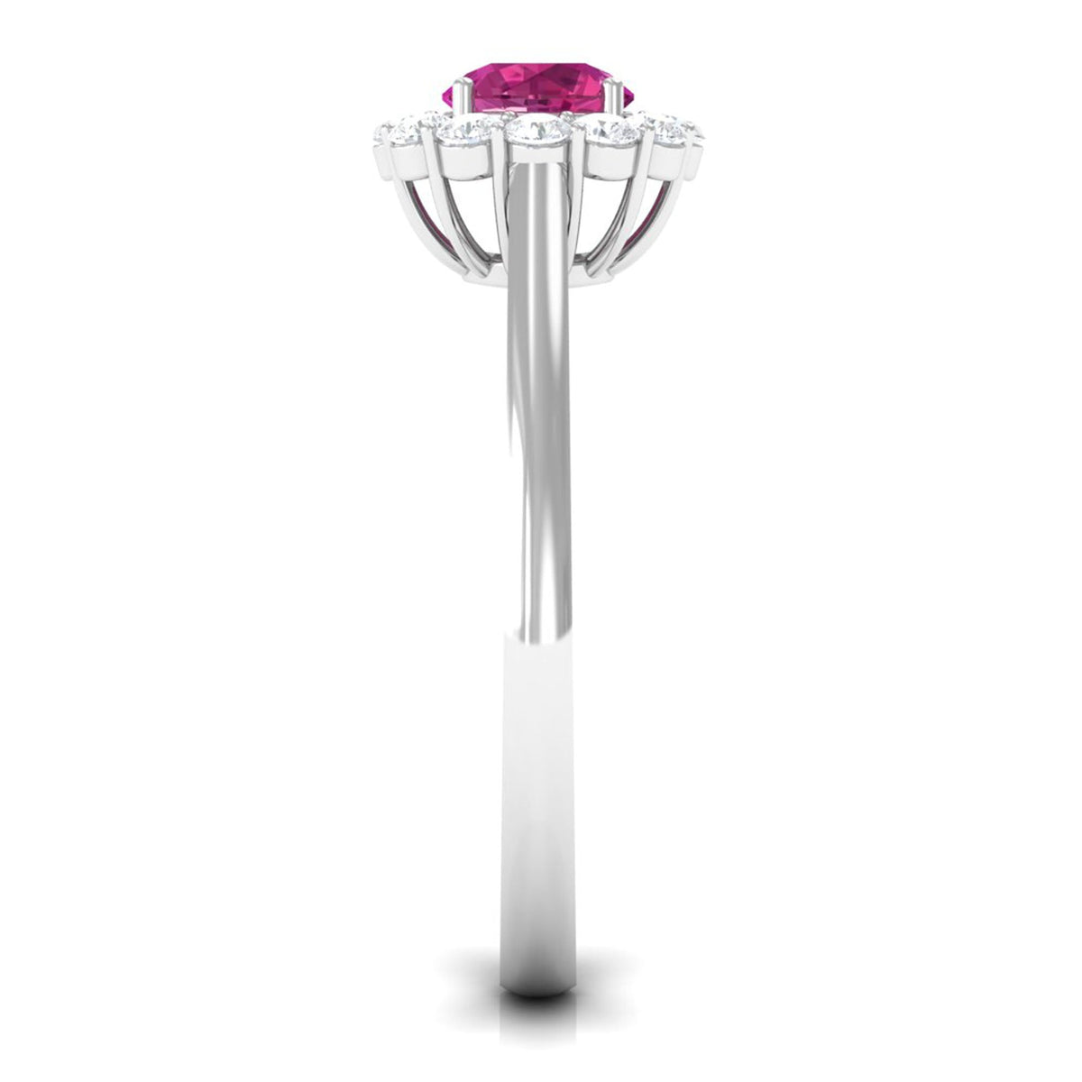 Pink tourmaline and diamond floating halo engagement ring by Rosec Jewels, featuring a 0.75 CT pink tourmaline center stone with sparkling accents.