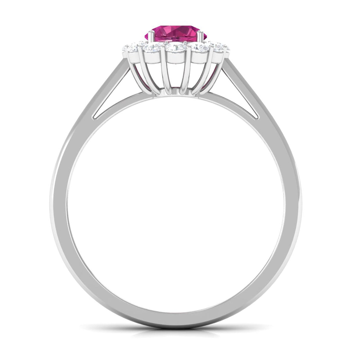 Rosec Jewels 0.75 CT pink tourmaline and diamond floating halo engagement ring with detailed band and sparkling stones.