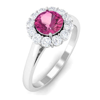 Pink tourmaline and diamond floating halo engagement ring by Rosec Jewels, showcasing a 0.75 CT center stone and intricate design.
