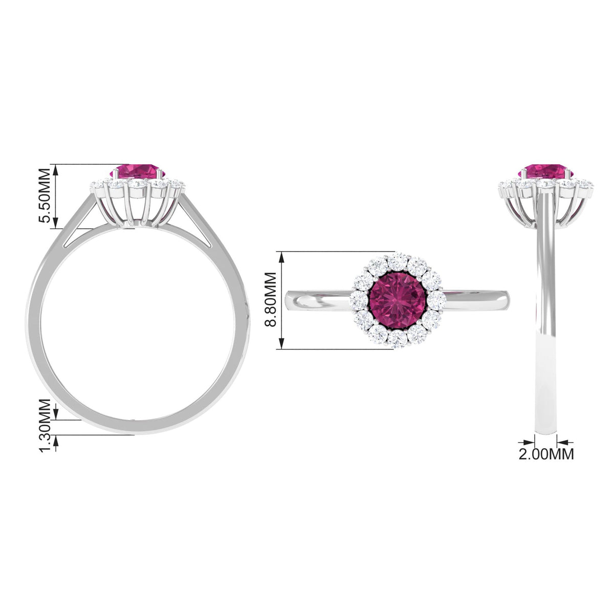 Pink tourmaline and diamond floating halo engagement ring by Rosec Jewels, featuring a 0.75 CT center stone and intricate band details.