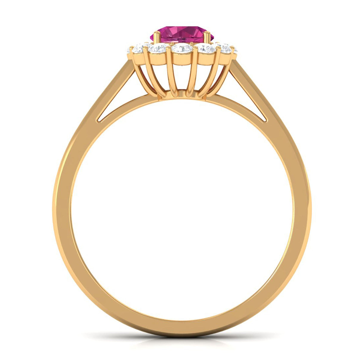 Rosec Jewels 0.75 CT pink tourmaline and diamond floating halo engagement ring, showcasing a vibrant pink center stone with sparkling accents