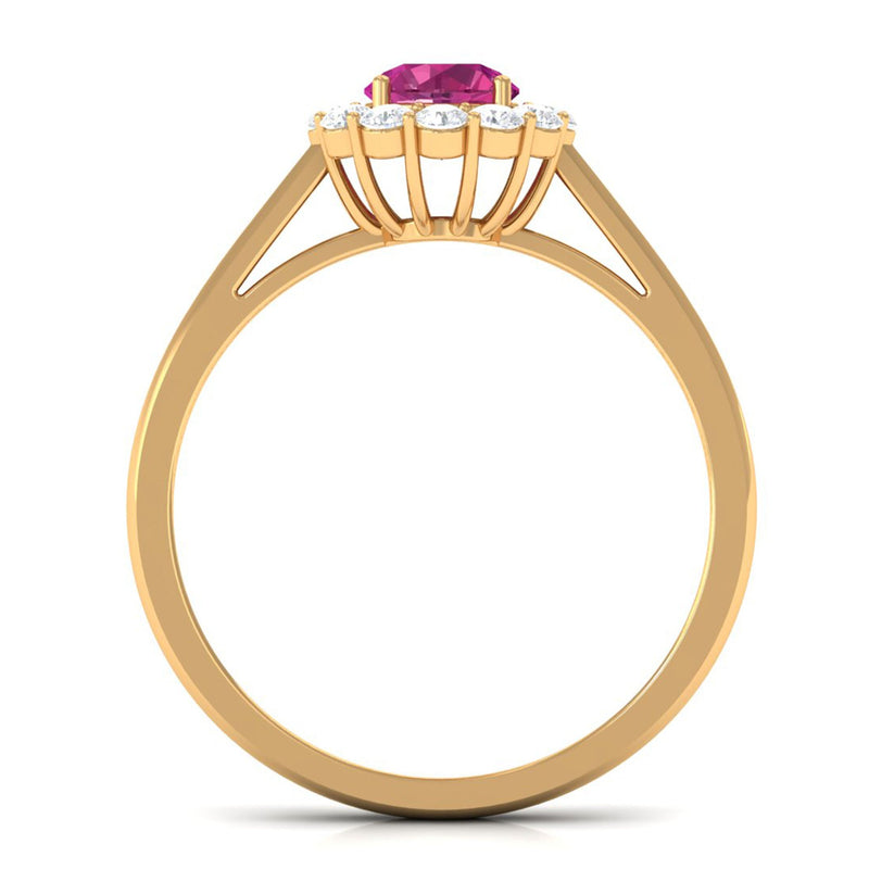 Rosec Jewels 0.75 CT pink tourmaline and diamond floating halo engagement ring, showcasing a vibrant pink center stone with sparkling accents