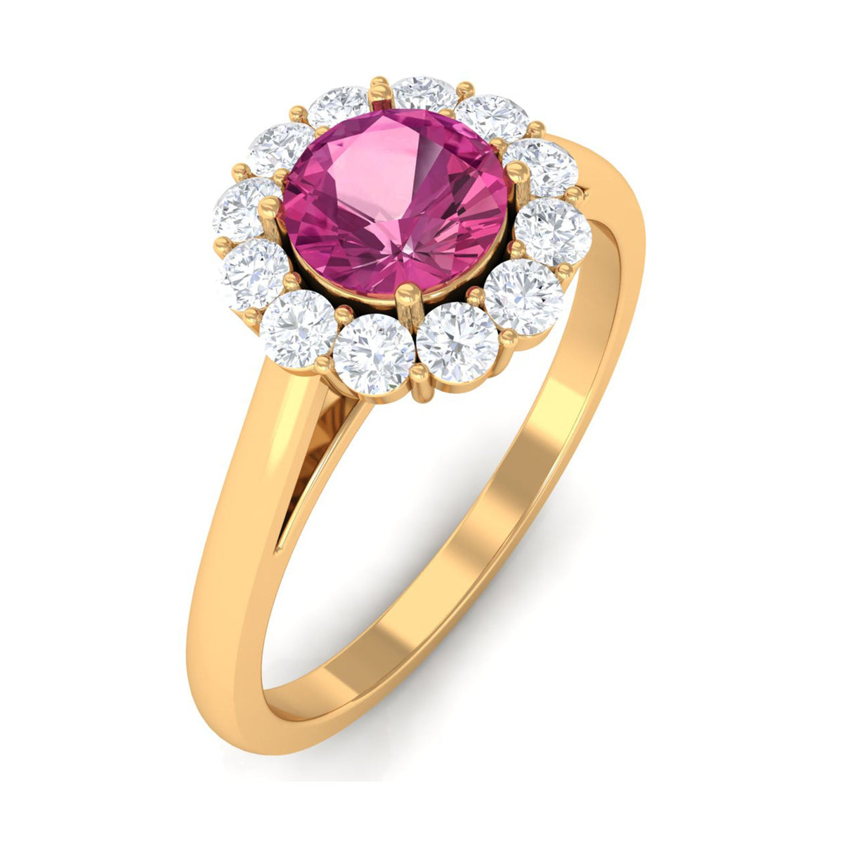 Pink tourmaline and diamond floating halo engagement ring by Rosec Jewels, featuring a 0.75 carat pink gemstone and sparkling accents.