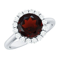 Certified 2.3 carat real garnet engagement ring with diamond halo from Rosec Jewels, showcasing a stunning red gemstone and sparkling accents.