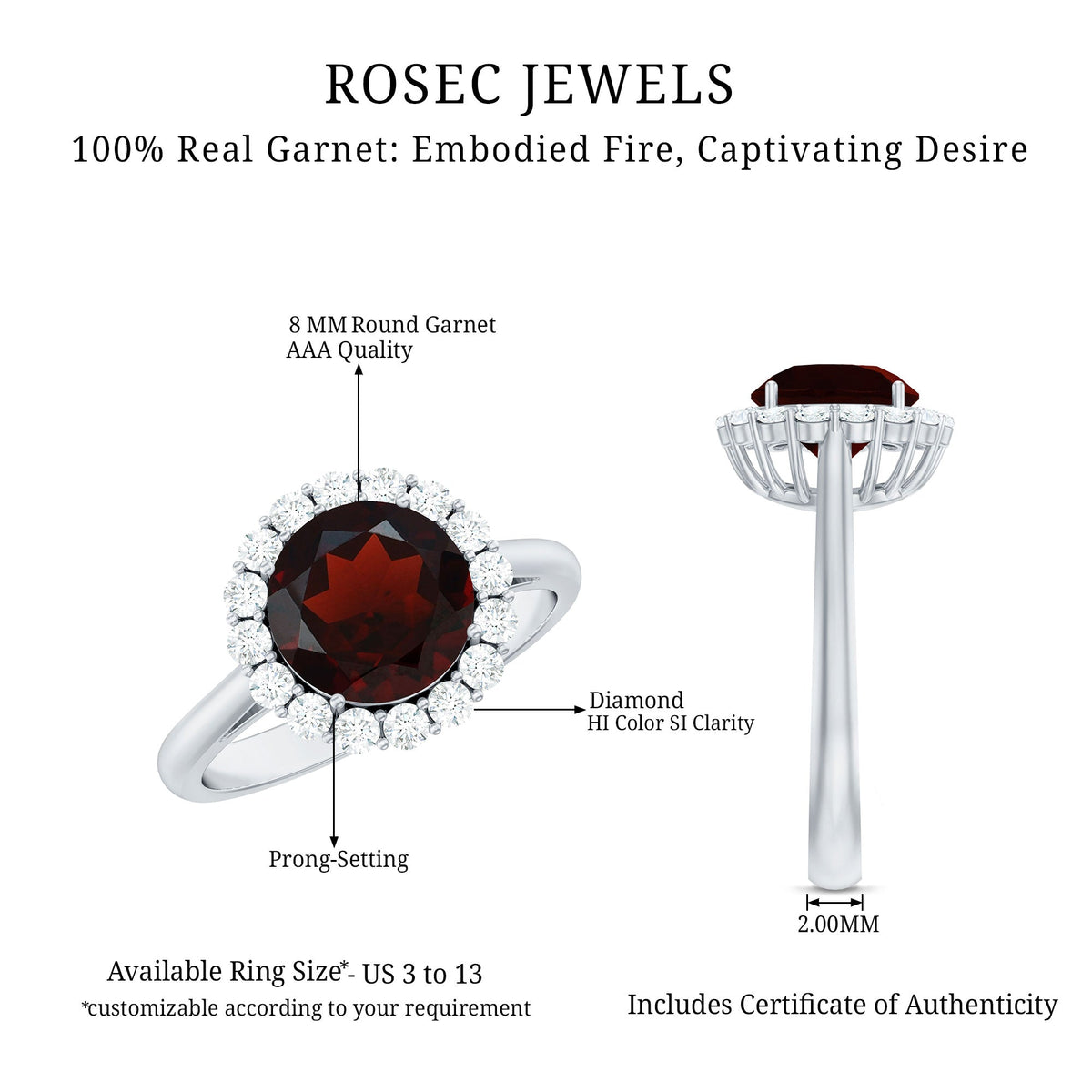 Certified 2.3 carat real garnet engagement ring with diamond halo from Rosec Jewels, showcasing a stunning red gemstone setting.