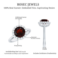 Certified 2.3 carat real garnet engagement ring with diamond halo from Rosec Jewels, showcasing a stunning red gemstone setting.