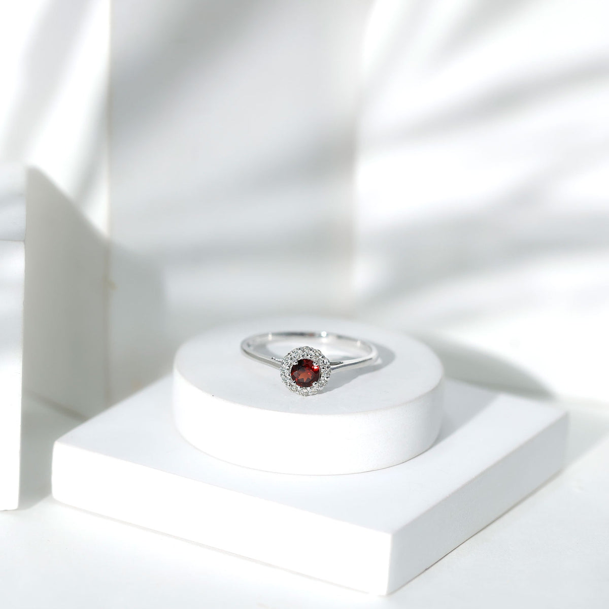 Certified 2.3 carat real garnet engagement ring with diamond halo by Rosec Jewels, featuring a silver band and intricate design.