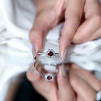 Certified 2.3 carat real garnet engagement ring with diamond halo from Rosec Jewels, showcasing the intricate design and sparkling stones.