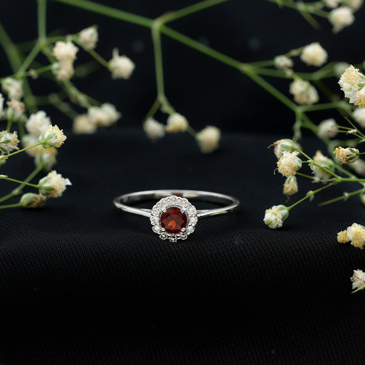 Certified 2.3 carat real garnet engagement ring with diamond halo from Rosec Jewels, featuring a detailed gold band and elegant design.