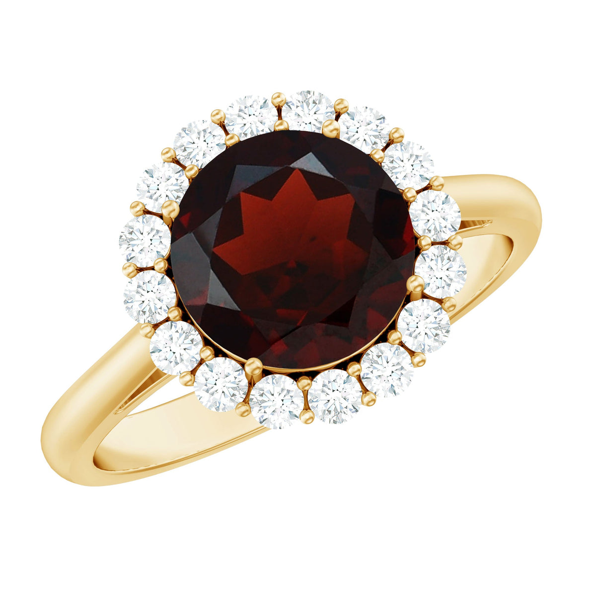 Certified 2.3 carat real garnet engagement ring with diamond halo from Rosec Jewels, featuring a detailed ring setting.