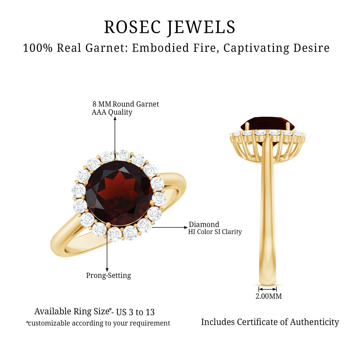 Certified 2.3 Carat real garnet engagement ring with diamond halo by Rosec Jewels, showcasing a stunning red gemstone and sparkling accents.