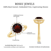 Certified 2.3 Carat real garnet engagement ring with diamond halo by Rosec Jewels, showcasing a stunning red gemstone and sparkling accents.
