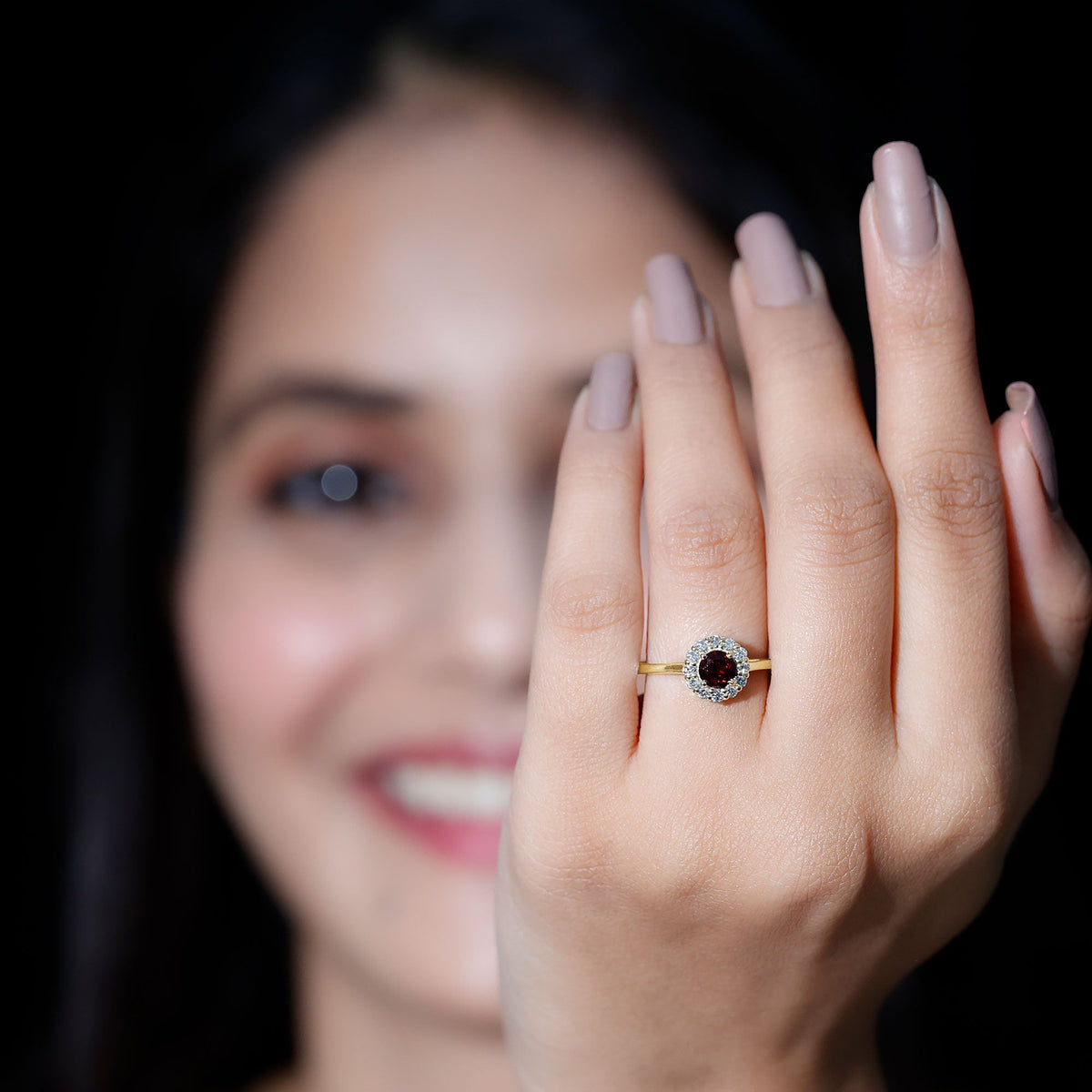 Certified 2.3-carat real garnet engagement ring with diamond halo by Rosec Jewels, showcasing a stunning gemstone setting.