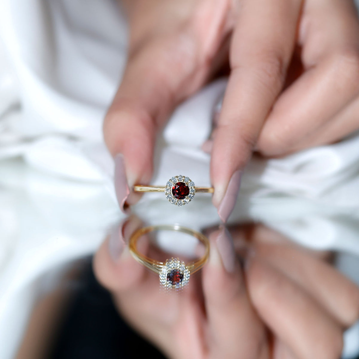 Certified 2.3 Carat real garnet engagement ring with diamond halo by Rosec Jewels, featuring a detailed gold band and sparkling stones.