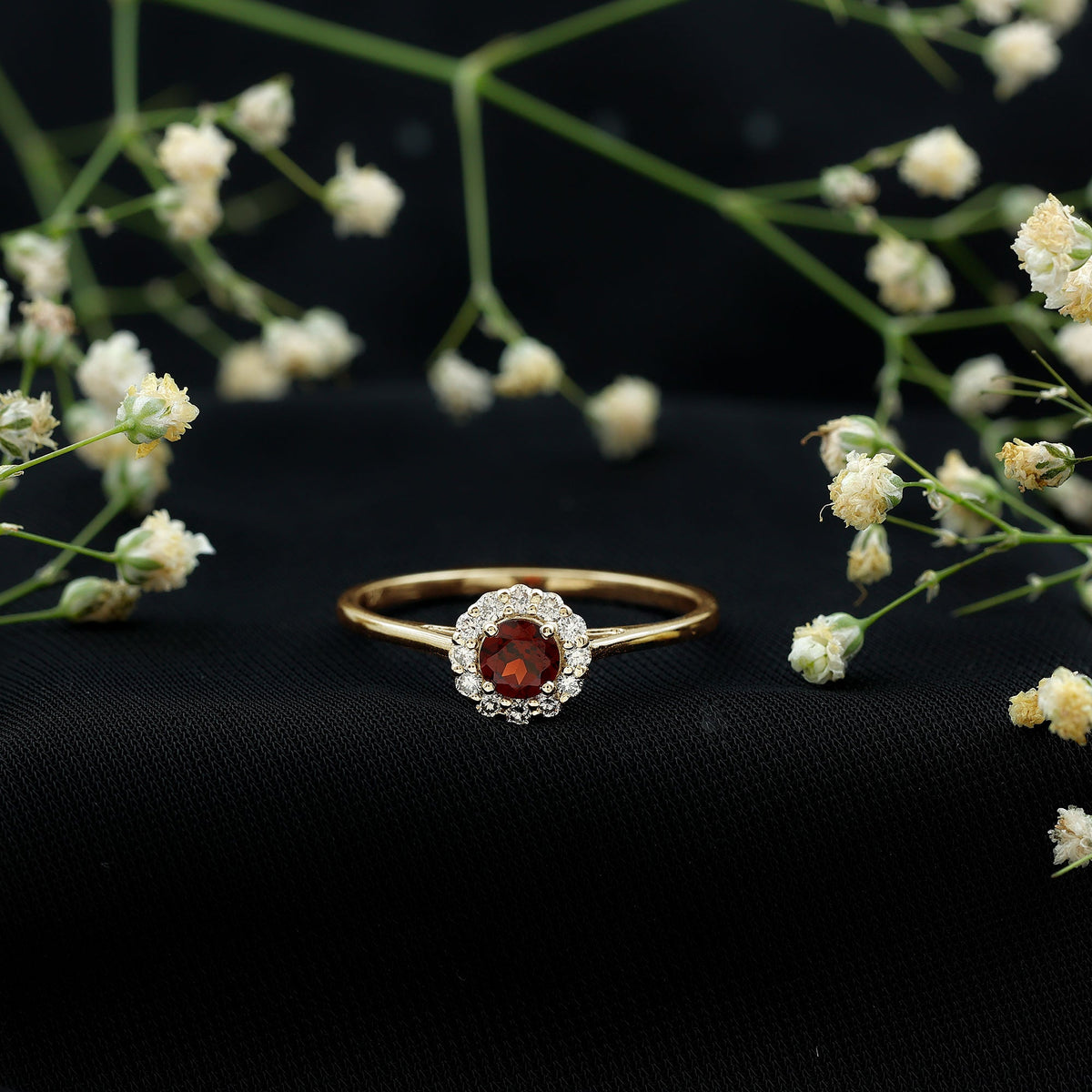 Certified 2.3 carat real garnet engagement ring with diamond halo from Rosec Jewels, featuring a detailed gold band and sparkling gemstones.