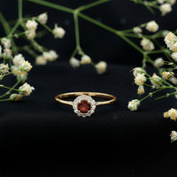 Certified 2.3 carat real garnet engagement ring with diamond halo from Rosec Jewels, featuring a detailed gold band and sparkling gemstones.