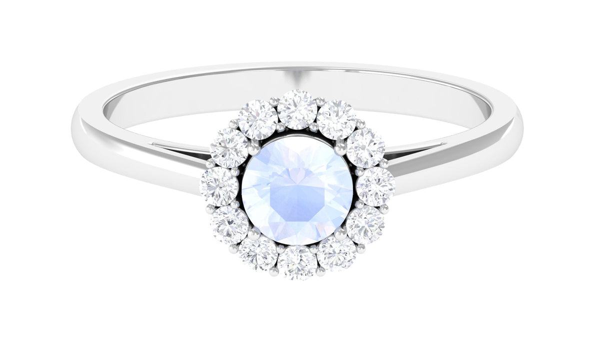 Rosec Jewels 1 CT moonstone and diamond floating halo engagement ring with intricate band design.