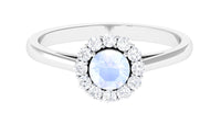Rosec Jewels 1 CT moonstone and diamond floating halo engagement ring with intricate band design.