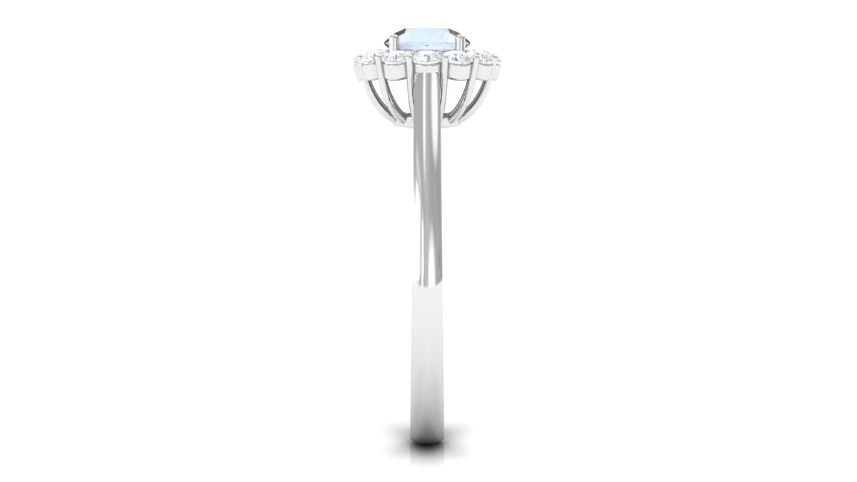 1 CT moonstone and diamond floating halo engagement ring by Rosec Jewels, showcasing a moonstone center with diamond accents.