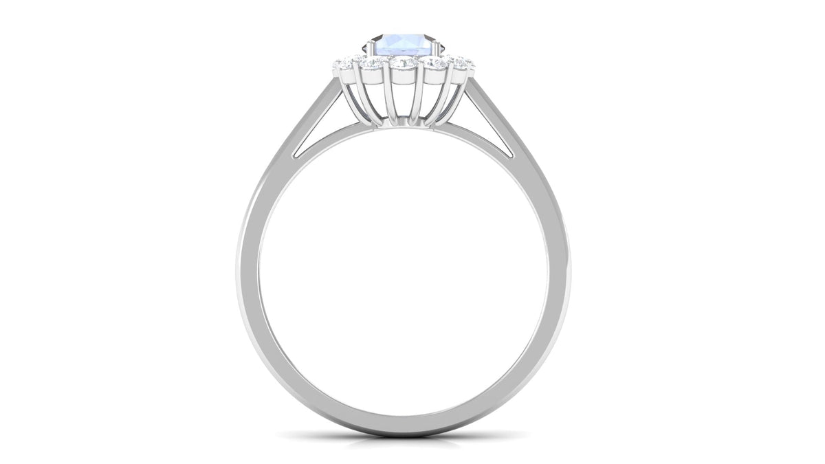 1 CT moonstone and diamond floating halo engagement ring by Rosec Jewels, featuring a luminous moonstone centerpiece surrounded by sparkling diamonds.