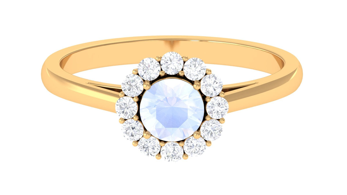 1 ct moonstone and diamond floating halo engagement ring by Rosec Jewels, showcasing a delicate moonstone center with sparkling diamonds.