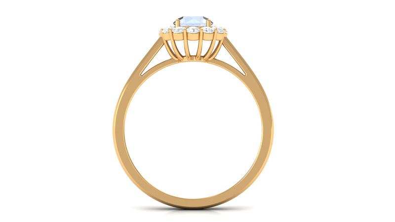 Rosec Jewels 1 CT moonstone and diamond floating halo engagement ring with intricate band and sparkling center stone.