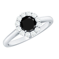 Minimalist black spinel engagement ring with diamond halo by Rosec Jewels, featuring a sleek black band and sparkling halo setting.