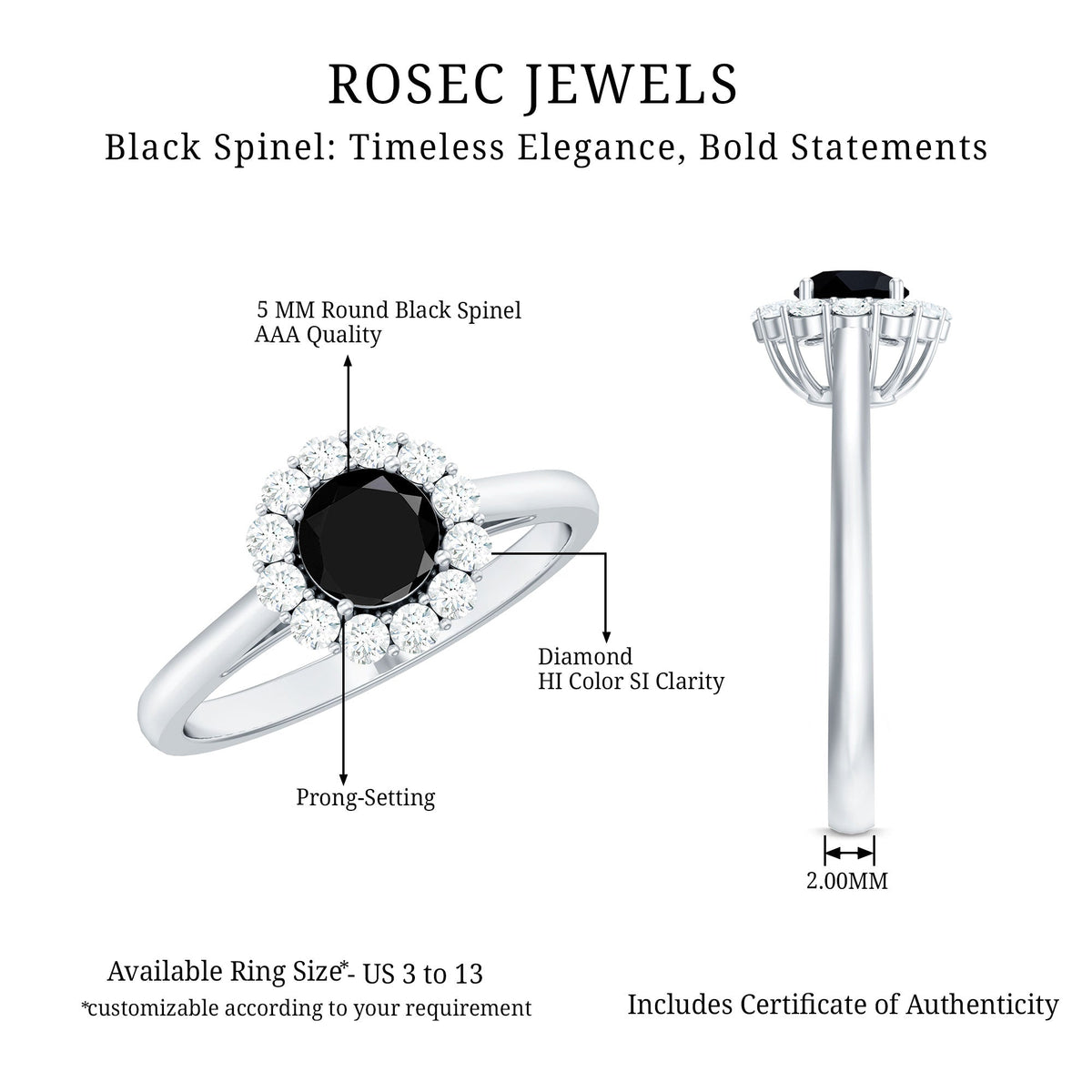 Minimalist black spinel engagement ring with diamond halo by Rosec Jewels, showcasing a sleek black stone surrounded by sparkling diamonds.