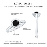 Minimalist black spinel engagement ring with diamond halo by Rosec Jewels, showcasing a sleek black stone surrounded by sparkling diamonds.