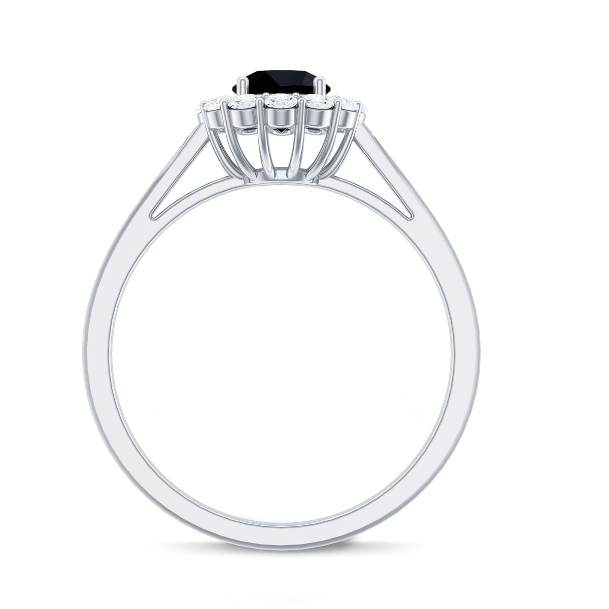 Minimalist black spinel engagement ring with diamond halo by Rosec Jewels, featuring a sleek black spinel center stone and sparkling halo.
