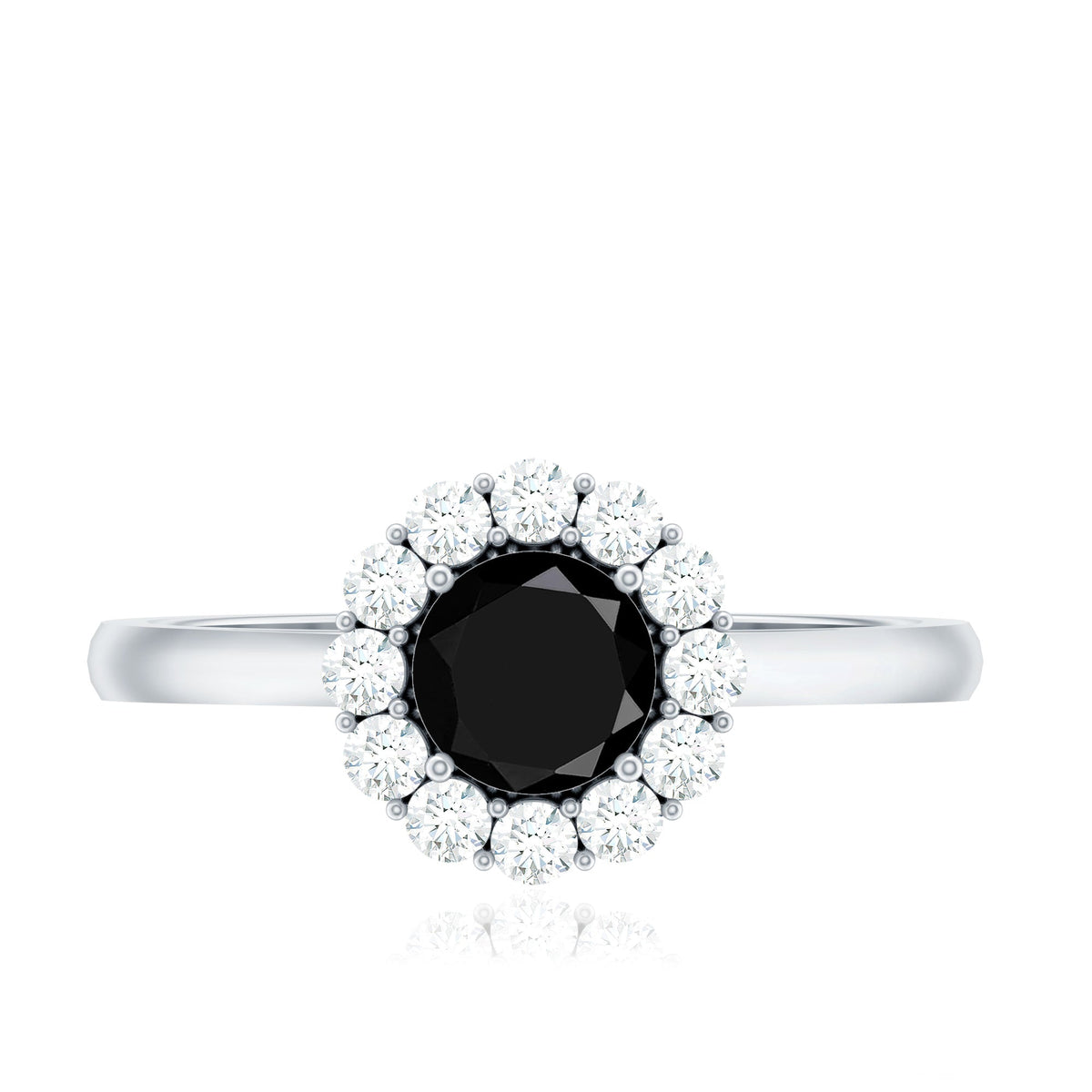 Minimalist black spinel engagement ring with diamond halo from Rosec Jewels, featuring a sleek black gemstone and sparkling diamond accents.