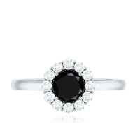 Minimalist black spinel engagement ring with diamond halo from Rosec Jewels, featuring a sleek black gemstone and sparkling diamond accents.