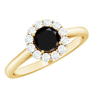 Minimalist black spinel engagement ring with diamond halo from Rosec Jewels, showcasing elegant design and sparkling accents.