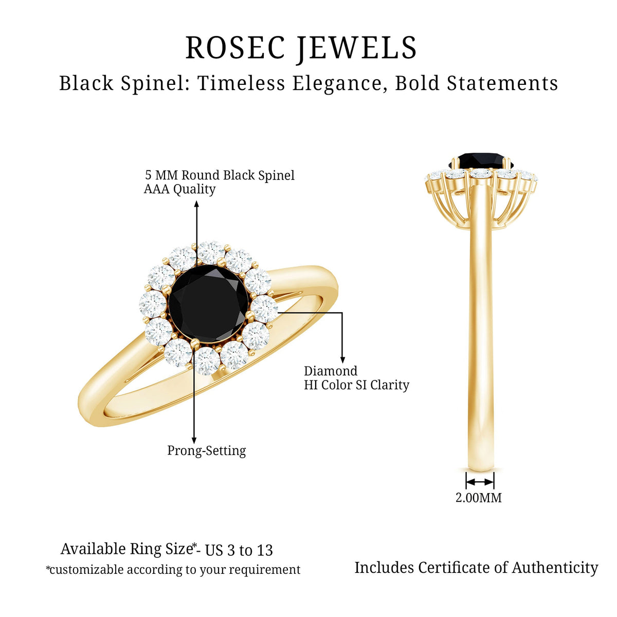 Minimalist black spinel engagement ring with diamond halo from Rosec Jewels, featuring a sleek black gemstone and sparkling diamond accents.