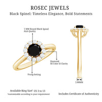 Minimalist black spinel engagement ring with diamond halo from Rosec Jewels, featuring a sleek black gemstone and sparkling diamond accents.