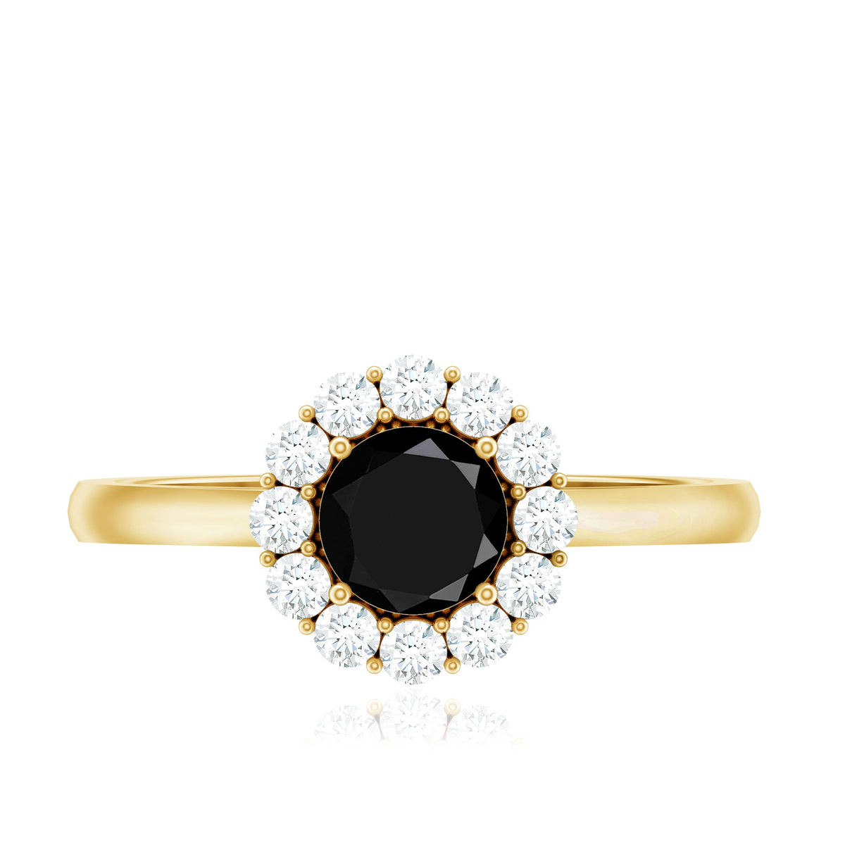 Minimalist black spinel engagement ring with diamond halo from Rosec Jewels, showcasing a sleek black gemstone and sparkling halo design.
