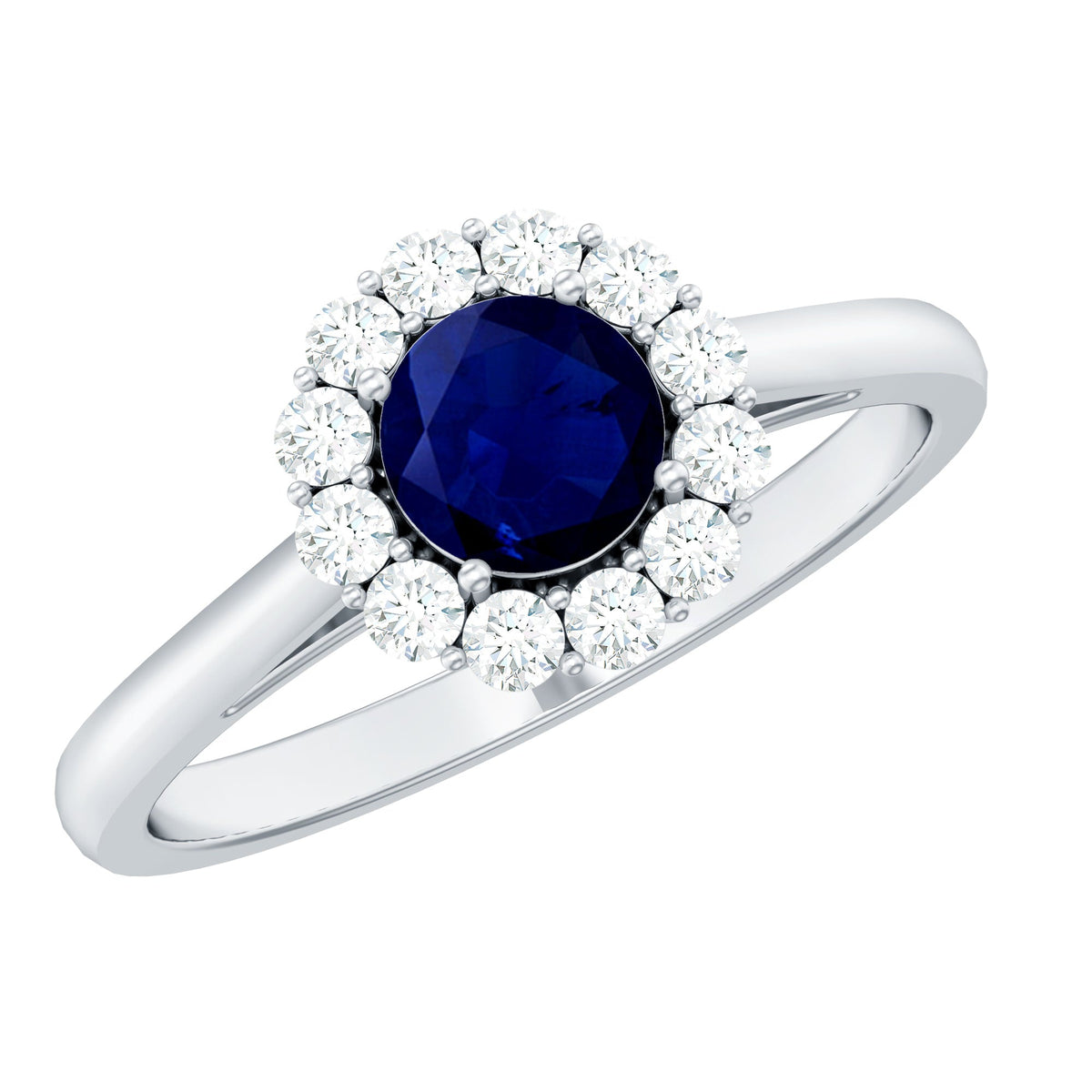 Genuine 0.9 carat blue sapphire and diamond round halo engagement ring with rose gold band, from Rosec Jewels.