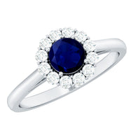 Genuine 0.9 carat blue sapphire and diamond round halo engagement ring with rose gold band, from Rosec Jewels.