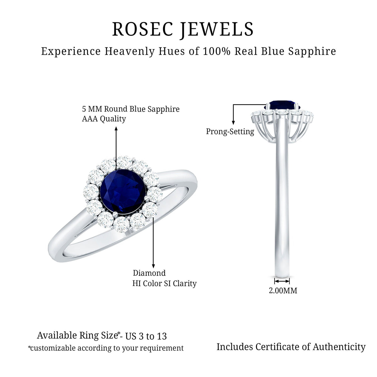 Genuine 0.9 carat blue sapphire and diamond round halo engagement ring with intricate band design from Rosec Jewels.