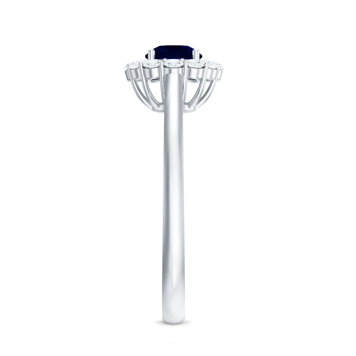 Genuine 0.9 carat blue sapphire and diamond round halo engagement ring by Rosec Jewels with intricate band detail.