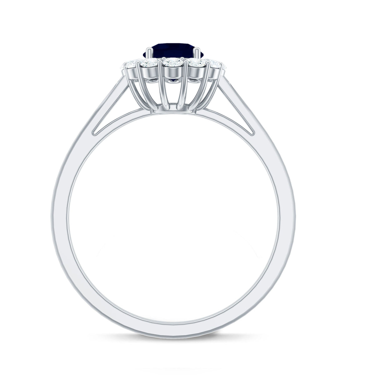Genuine 0.9 carat blue sapphire and diamond round halo engagement ring from Rosec Jewels, featuring a sparkling gemstone design.