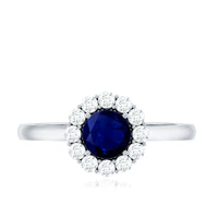 Genuine 0.9 carat blue sapphire and diamond round halo engagement ring with sterling band from Rosec Jewels.