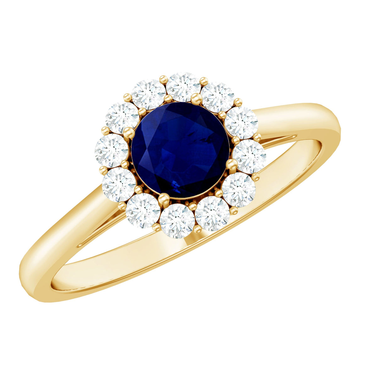Genuine 0.9 carat blue sapphire and diamond round halo engagement ring with a silver band, featuring intricate detailing.