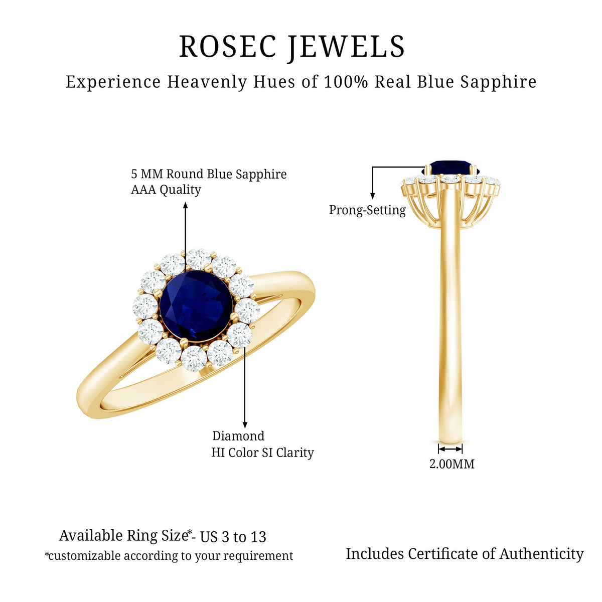 Genuine 0.9 carat blue sapphire and diamond round halo engagement ring by Rosec Jewels, featuring a sparkling center stone and intricate band.