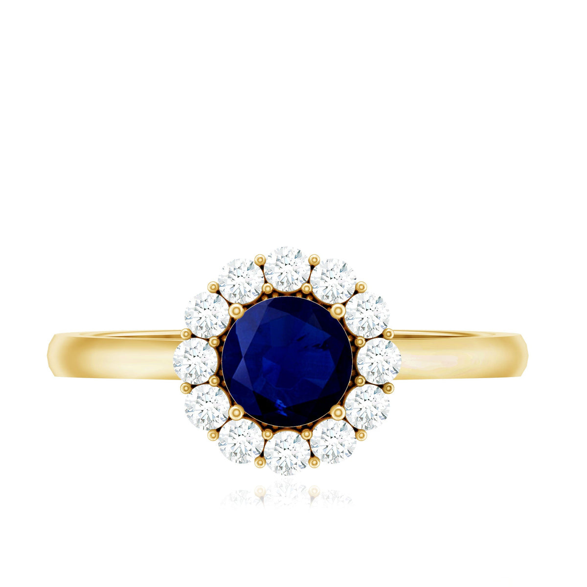 Genuine 0.9 carat blue sapphire and diamond round halo engagement ring from Rosec Jewels, featuring a sparkling center stone.