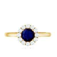 Genuine 0.9 carat blue sapphire and diamond round halo engagement ring from Rosec Jewels, featuring a sparkling center stone.