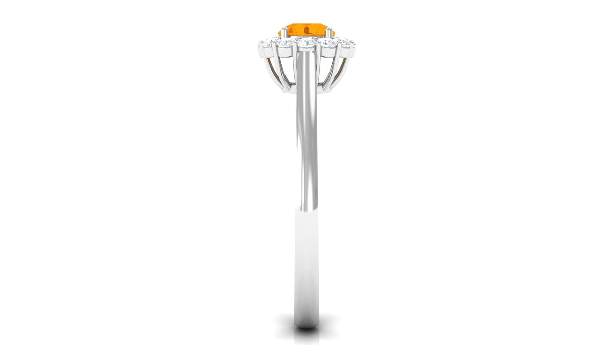Fire opal and diamond floating halo engagement ring from Rosec Jewels with intricate band and sparkling gemstone details.