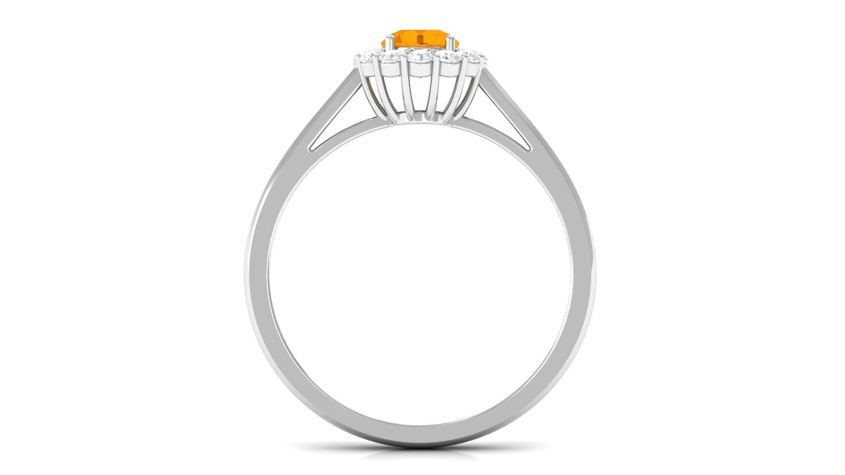 Fire opal and diamond floating halo engagement ring by Rosec Jewels, showcasing a vibrant 1 carat fire opal centerpiece with sparkling diamonds.