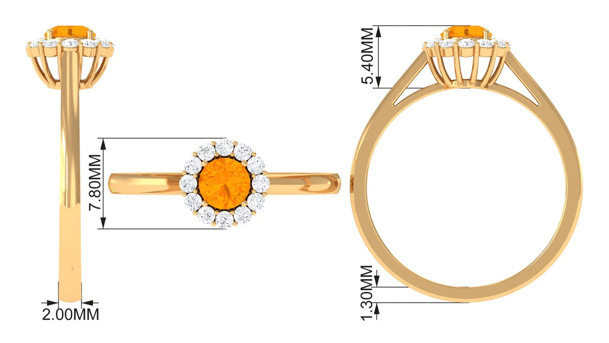 Rosec Jewels fire opal and diamond floating halo engagement ring with intricate setting and sparkling gemstones on a sleek band.